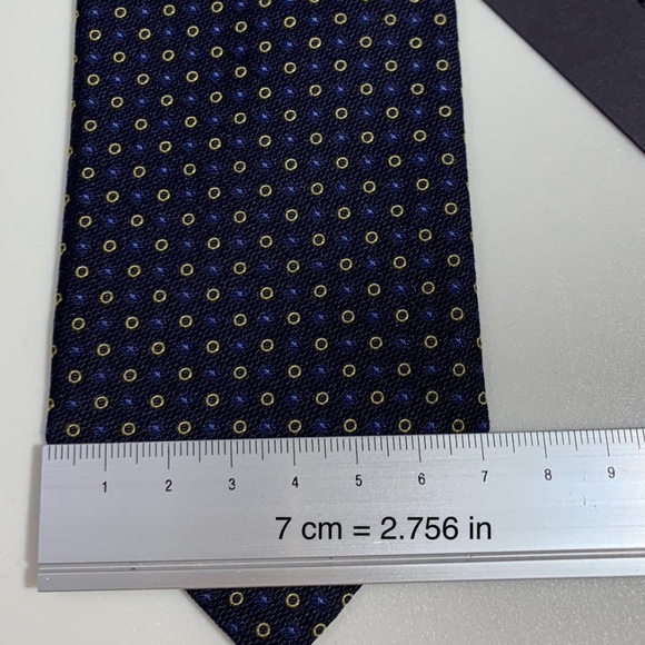 Prada Cravatta Microdisegni Navy Blue and Gold Dots 100% Silk Tie New with Tag